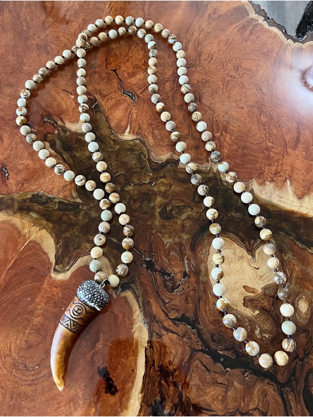 Boho Long Hand-Knotted
Statement Necklace Carved Horn Tusk Jasper Rhinestones